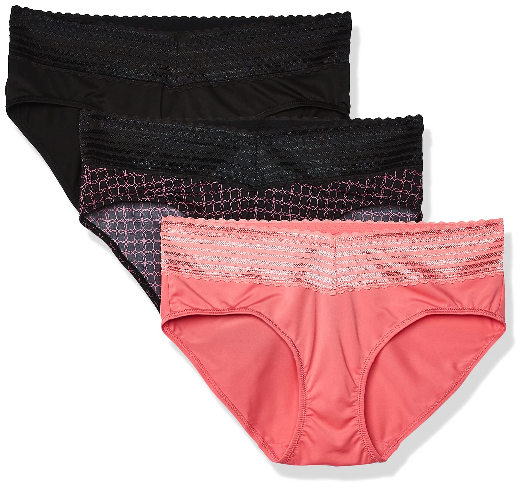 Warner's Women's Blissful Benefits No Muffin 3 Pack Hipster Panties, Black/Flamingo Pink/Miami Pink Octagon